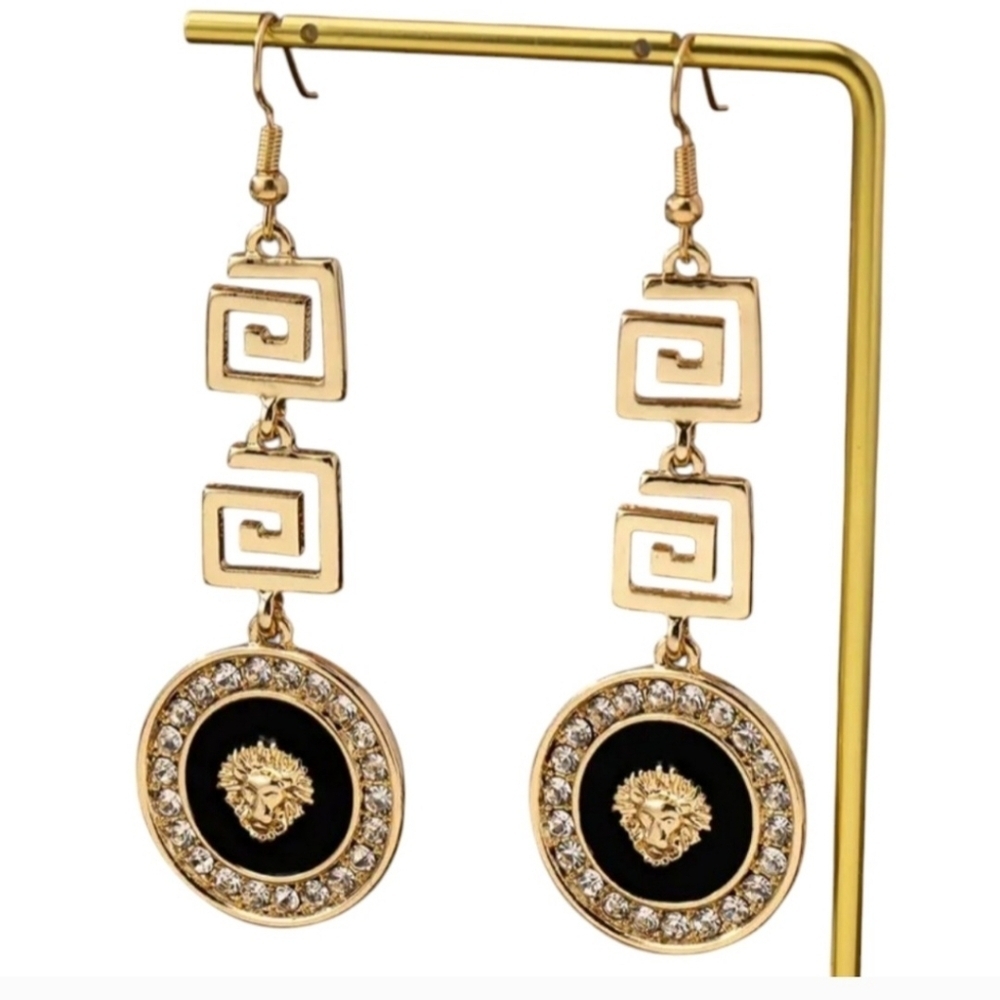 Lion Head Embossed Gold Black Dangle Rhinestone Crystal Earrings